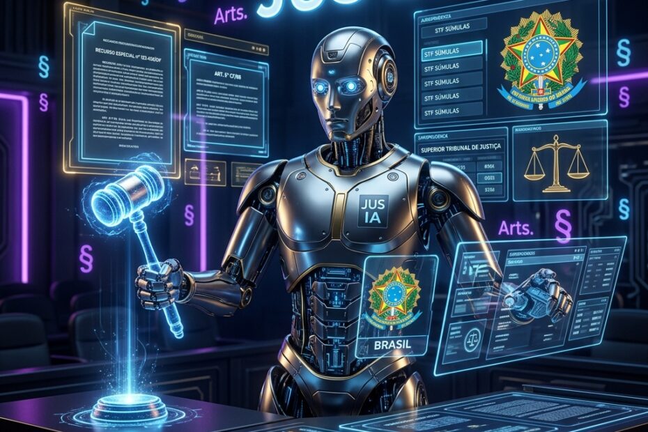 Robô advogado futurista metálico segurando martelo digital com documentos jurídicos holográficos do Jusbrasil IA ao fundo.