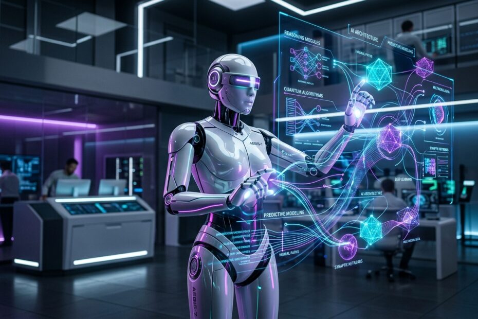 Robô futurista com interfaces holográficas e circuitos luminosos representando os recursos avançados de raciocínio da inteligência artificial ChatGPT 5.2.