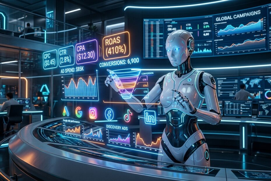 Ilustração vetorial futurista no estilo Google Discovery com robô humanoide de inteligência artificial analisando gráficos holográficos neon de CPC, CTR, CPA e canais de tráfego pago.