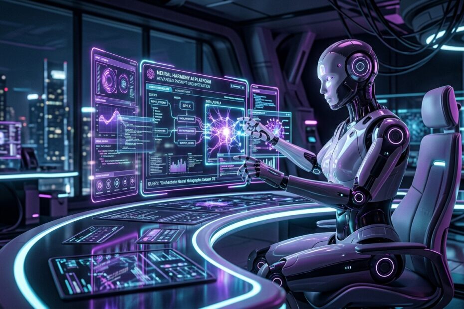 Robô futurista com inteligência artificial interagindo com interfaces holográficas de produtividade e engenharia de prompts do ChatGPT no estilo Google Discovery.