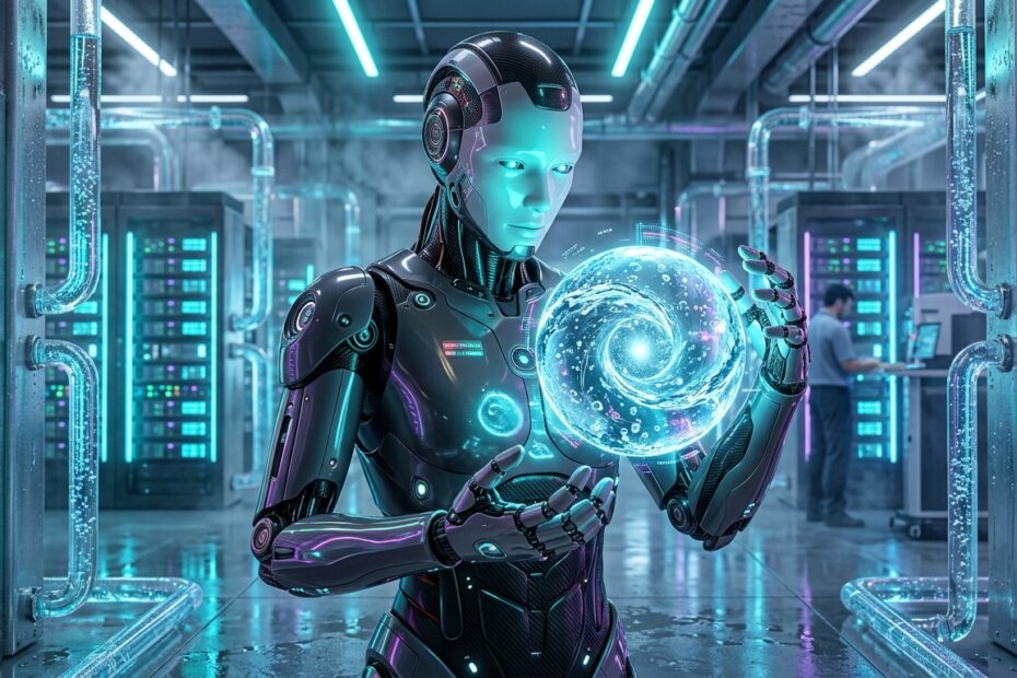 Ilustração vetorial futurista no estilo Google Discovery de robô humanoide de inteligência artificial analisando uma esfera holográfica de água pura em frente a servidores de data center com resfriamento líquido.